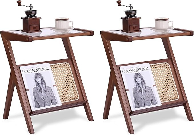 Tiita 2 Pack Rattan Side Table, Mid Century Nightstand, Bamboo Accent Bedside Tables, Glass Coffe... | Amazon (US)