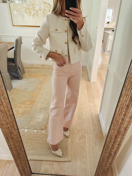 H&M haul. This boucle jacket is sadly sold out but I found one similar that I’ll link. These blush colored jeans (high waist and wide leg) are a great fit. Run a tad small so size up 1. Wearing size 2. Perfect spring pant. #ltkunder50

#LTKunder100 #LTKSeasonal #LTKstyletip