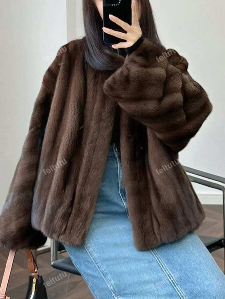 Solid Drop Shoulder Open Front Fuzzy Coat | SHEIN