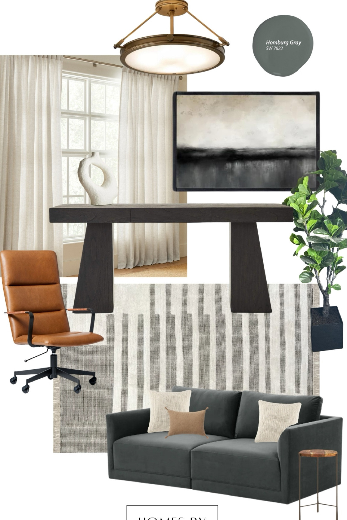 Moody home office design. Black desk, leather swivel chair, charcoal velvet loveseat, area rug, wall art. 

#LTKhome