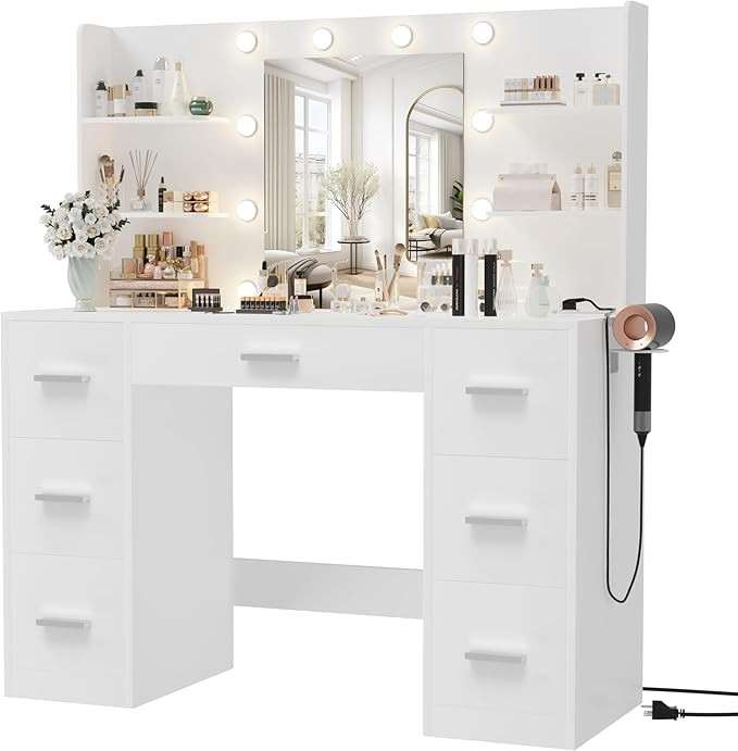 Furmax Vanity Desk with Mirror, LED Lights and Power Outlet Makeup Vanity Table with 7 Drawers an... | Amazon (US)