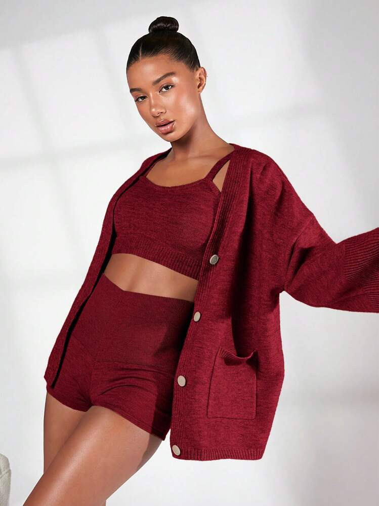 SHEIN BASICS Women Solid Color Cardigan With Pockets, Casual Autumn/Winter | SHEIN