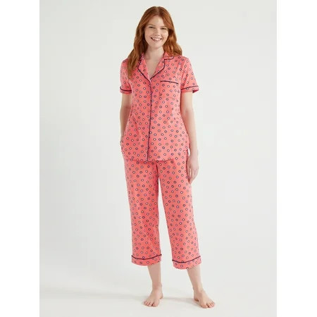 Joyspun Women s Knit Notch Collar Top and Capri Pants Pajama Set 2-Piece Sizes S to 3X | Walmart (US)