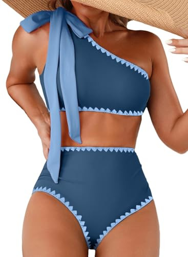 Herseas Womens Bikini Sets One Tie Shoulder Blue Ruched Bathing Suit S | Amazon (US)
