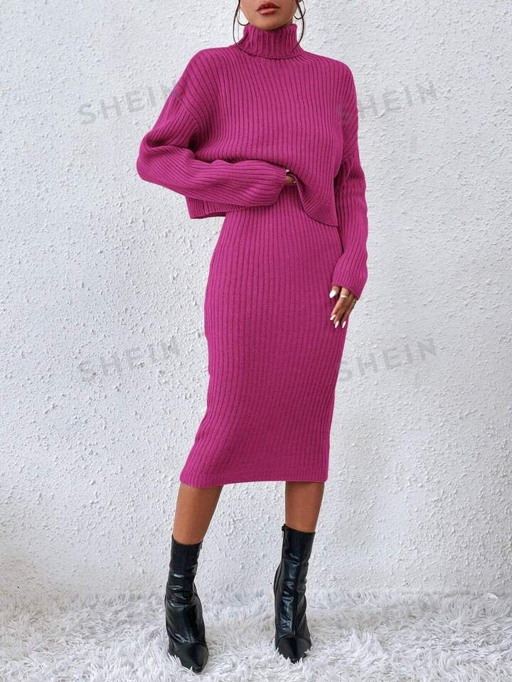 SHEIN Privé Turtleneck Drop Shoulder Sweater & Ribbed Knit Skirt | SHEIN