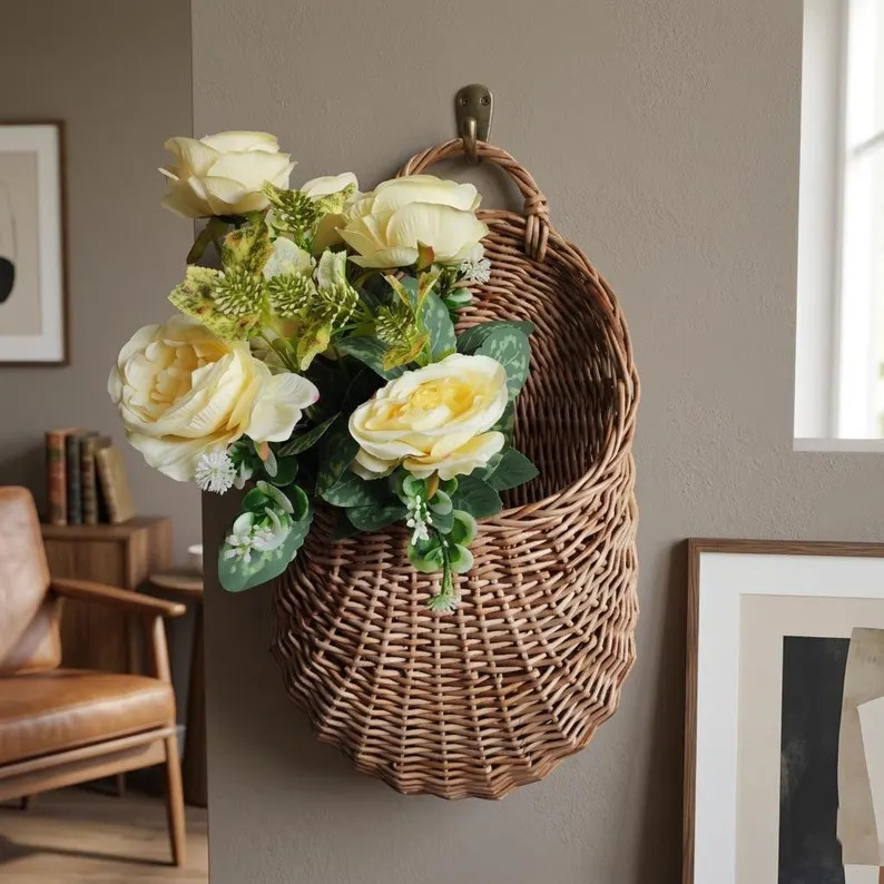 Rustic Hanging Wall Basket, Wicker Door Pocket, Farmhouse Storage Decor Basket | Etsy (Global)