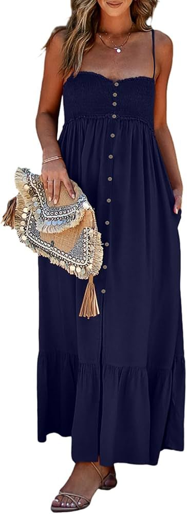 Dokotoo Womens Summer Casual Dresses Sleeveless Spaghetti Strap Button Down Smocked Beach Long Ma... | Amazon (US)