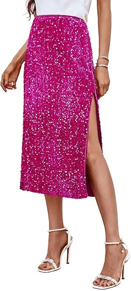 Wenrine Women's Sequin Skirts Midi Sexy High Waisted Nightout Bodycon Party Slit Skirt | Amazon (US)