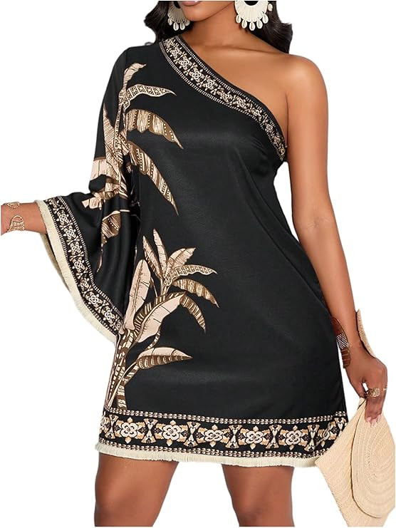 Floerns Women's Tropical One Shoulder Tunic Dress Dolman Sleeve Beach Vacation Summer Dresses | Amazon (US)