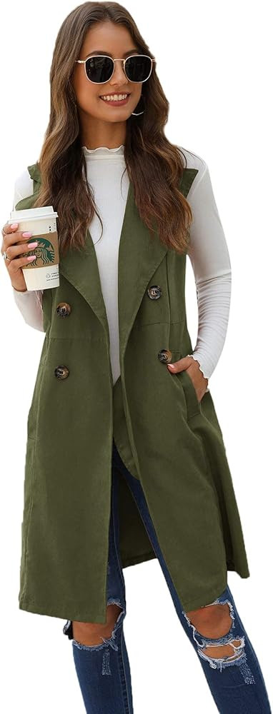 Women's Double Breasted Long Vest Jacket Casual Sleeveless Pocket Outerwear Longline | Amazon (US)