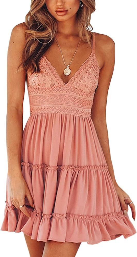 Amazon.com: ECOWISH Womens V-Neck Spaghetti Strap Bowknot Backless Sleeveless Lace Mini Swing Ska... | Amazon (US)