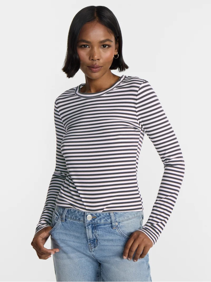 No Boundaries Ribbed Crewneck Tee with Long Sleeves, Women's & Women's Plus XXS-4X | Walmart (US)