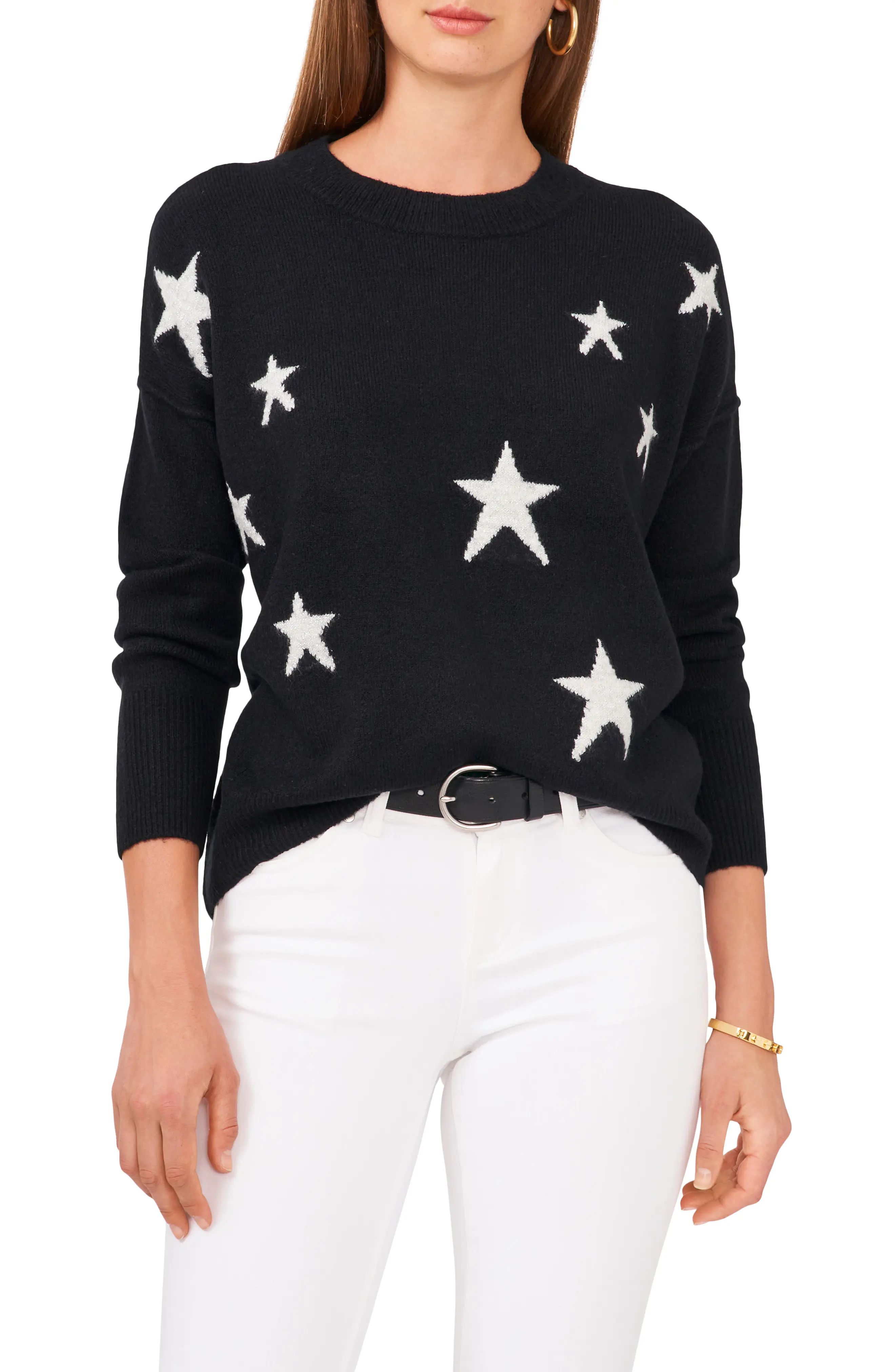 Vince Camuto Star Crewneck Sweater, Size X-Small in Rich Black at Nordstrom | Nordstrom