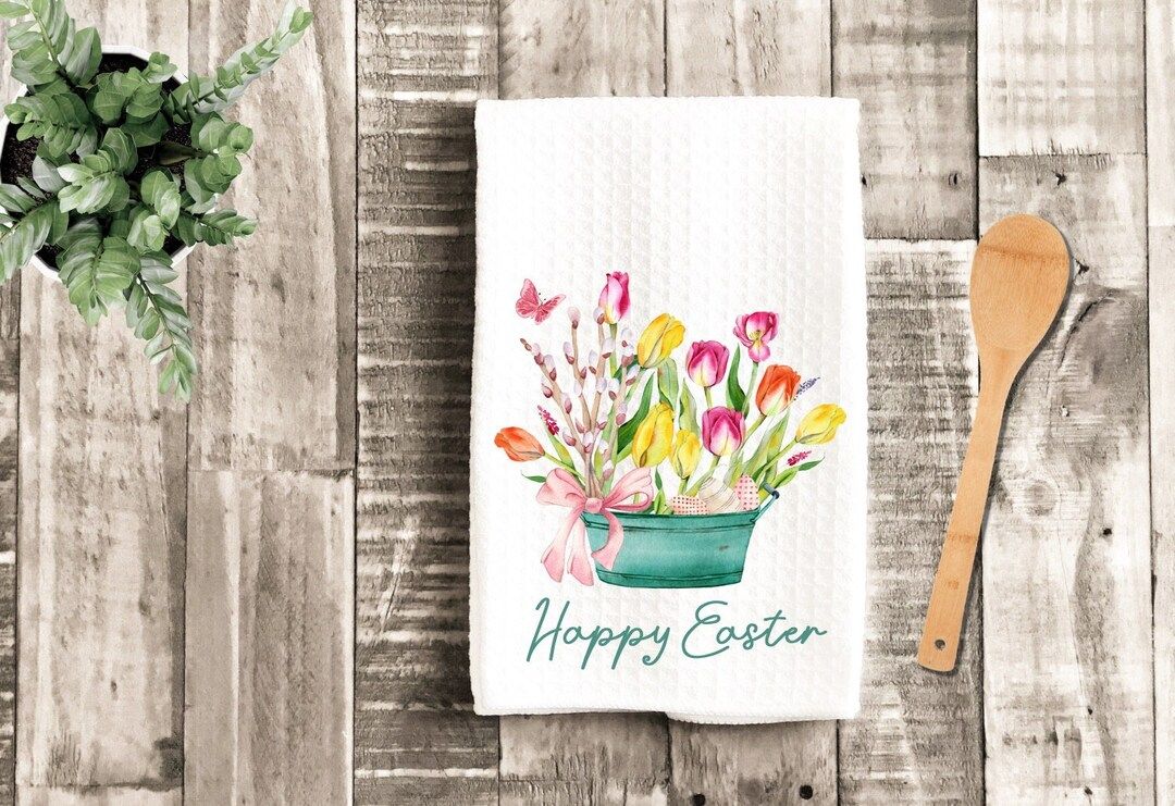 Spring Flowers Personalized Easter Basket Dish Towel Tulip Floral Tea Towel Kitchen New Home Gift... | Etsy (US)