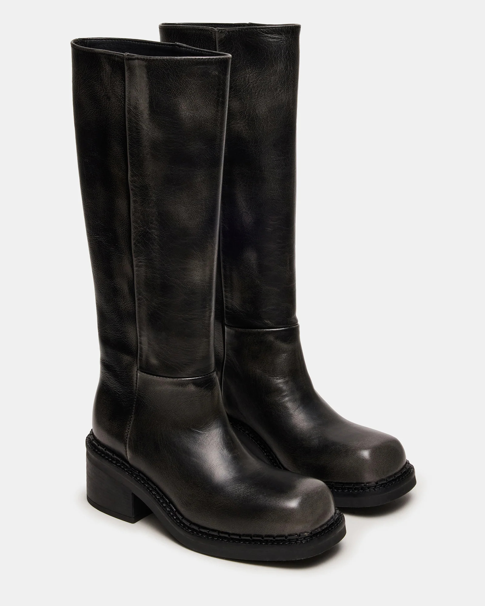 DAVOS Black Distressed Square-Toe Knee High Block Heel Women's Boot | Steve Madden (US)