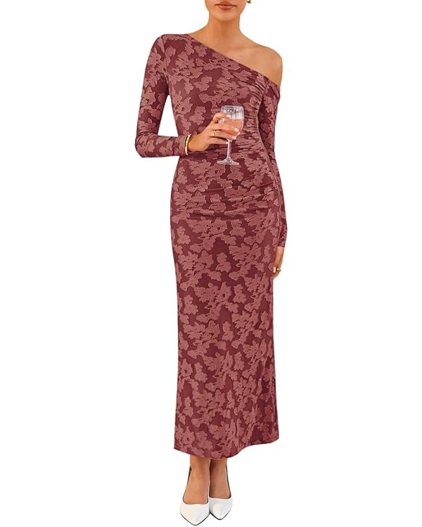 ZESICA Women's Fall Floral Off Shoulder Bodycon Maxi Dresses 2025 Long Sleeve Ruched Elegant Cock... | Amazon (US)
