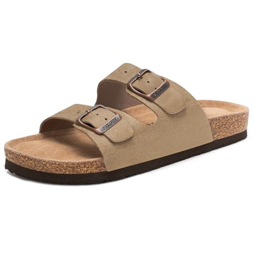 FITORY Womens Flat Sandals with Cork Footbed, Open Toe Slides Adjustable Slip On Slippers for Summer Taupe Suede Size 8 | Amazon (US)