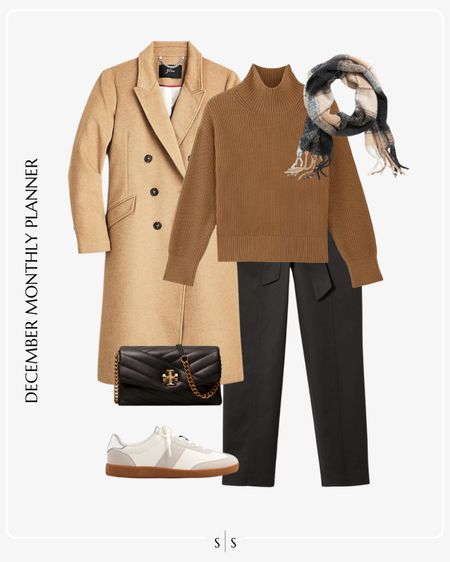 Monthly outfit planner: DECEMBER: Winter looks | camel topcoat, turtleneck sweater, grey trouser, handbag, sneaker, scarf  

See the entire calendar on thesarahstories.com ✨ 

#LTKstyletip