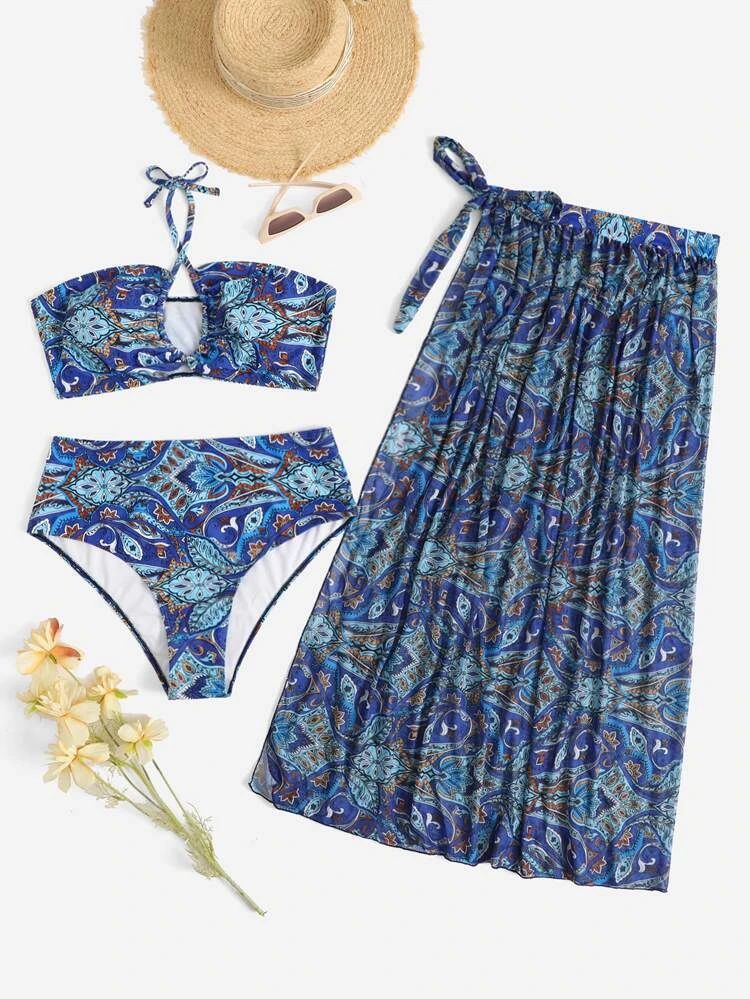 Plus Allover Print Bikini Swimsuit With Beach Skirt | SHEIN