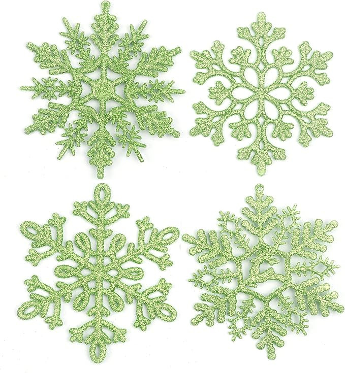 YYCRAFT 32pcs Glitter Snowflake Ornament 4 Inch for Christmas Tree Decoration-Lime Green | Amazon (US)