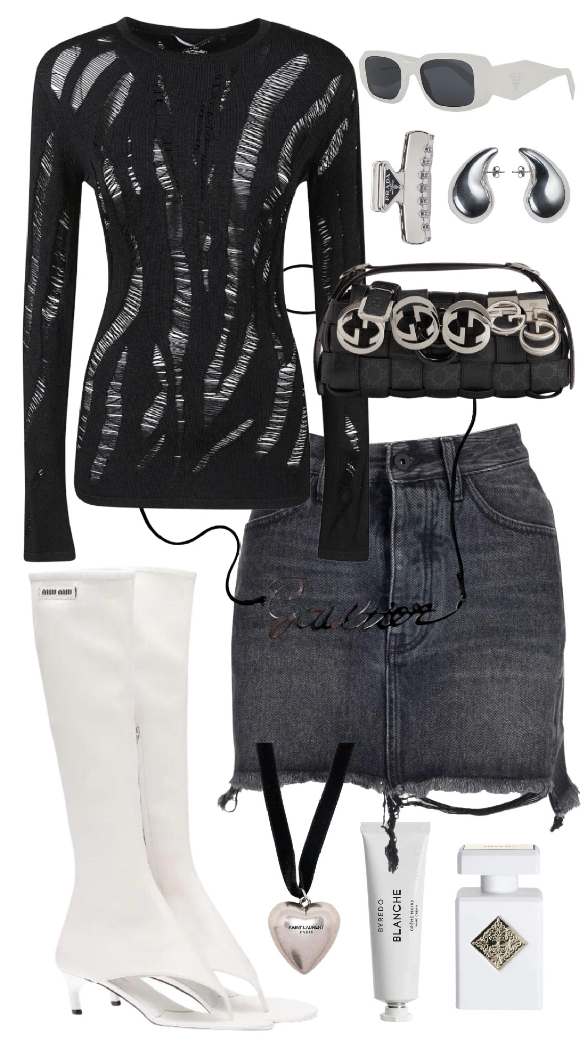 versace top 
off-white skirt 
hodakova x gucci bag 
miu miu thong sandal boots 
jean paul gaultier belt 
prada sunglasses 
bottega veneta earrings 
saint laurent necklace 
prada hair clip 
initio musk therapy perfume 
byredo blanche hand cream 

#LTKshoecrush #LTKFind #LTKfit