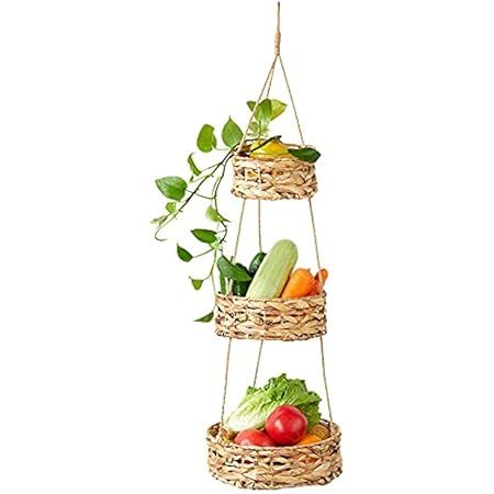 Hanging Fruit Basket 3 Tier for Kitchen, Handmade Natural Woven Wicker Seagrass Wall Baskets, Storag | Amazon (US)