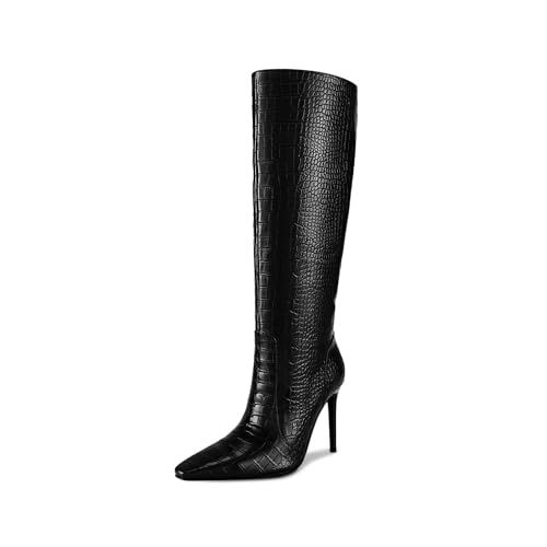 wetkiss Black Knee High Boots Women Crocodile Boots for Women Black Boots for Women Knee High Tall Black Boots Square Toe High Heel Boots for Women Stiletto Boots Leather Boots Snake Skin Boots | Amazon (US)