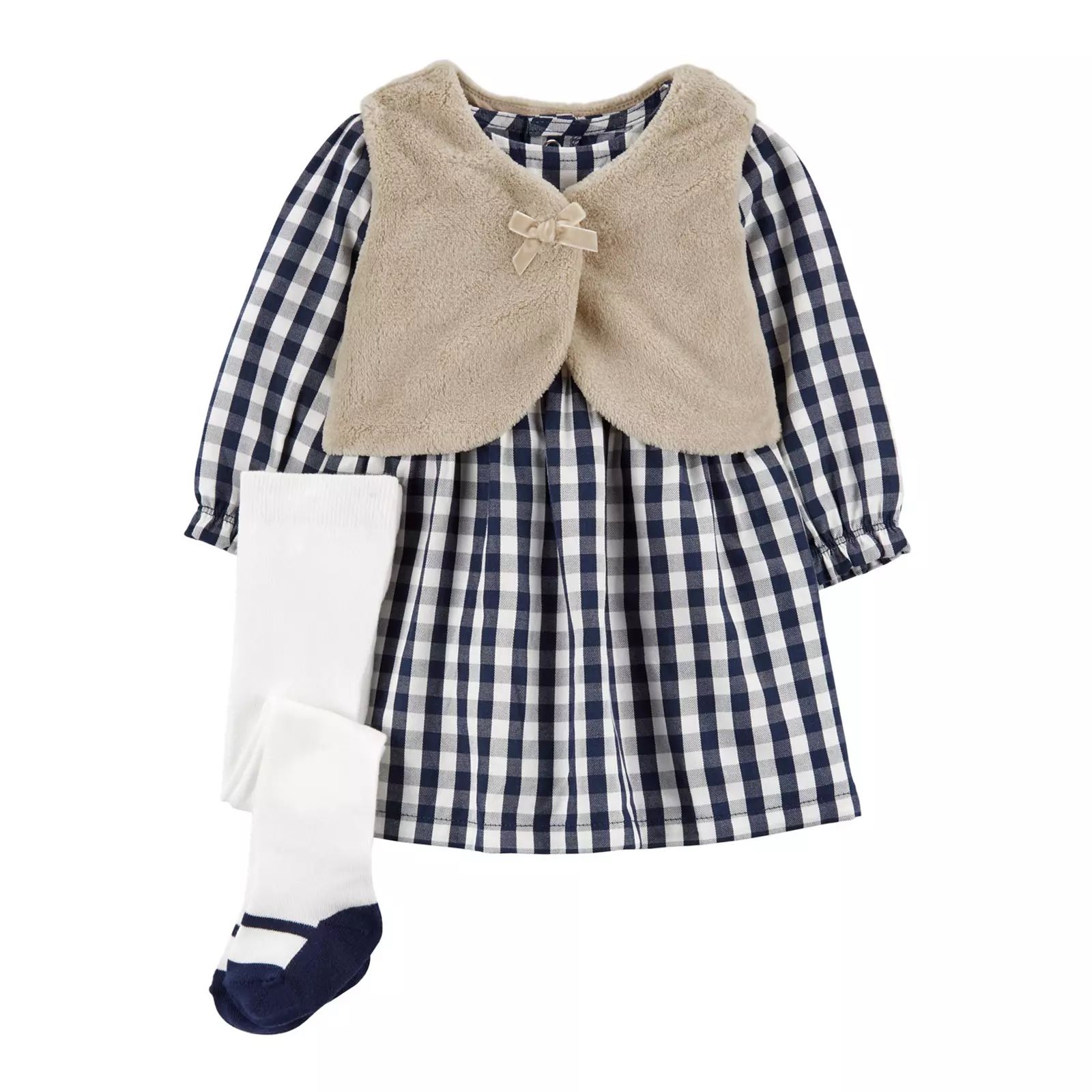 Baby Girl Carter's 3-Piece Fuzzy Vest, Dress & Socks Set, Infant Girl's, Size: 6 Months, Plaid | Kohl's