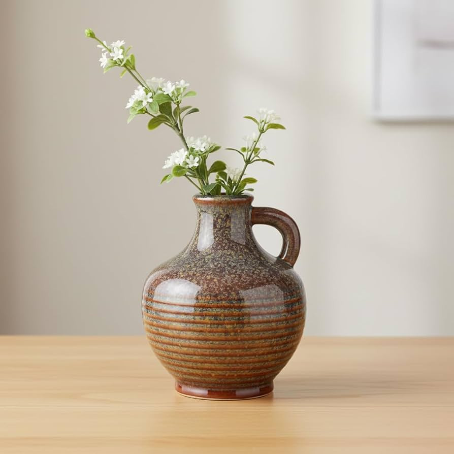 Sunddo Brown Ceramic Vase 6 Inch - Small Rustic Decorative Vase with 1 Handle, Rustic Farmhouse D... | Amazon (US)