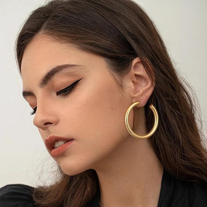 Gacimy Chunky Gold Hoop Earrings for Women 14K Real Gold Plated, 925 Sterling Silver Post Hoops f... | Amazon (US)