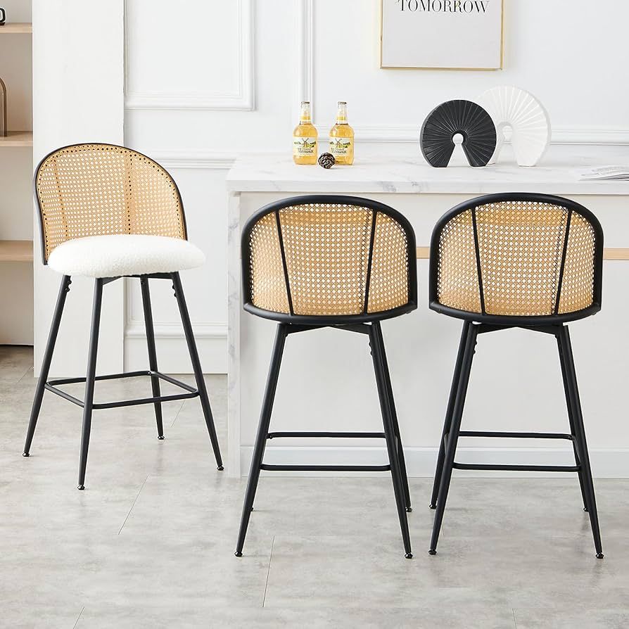 Rattan Counter Height Bar Stools Set of 3, Swivel Upholstered Barstools with Cane Back and Metal ... | Amazon (US)