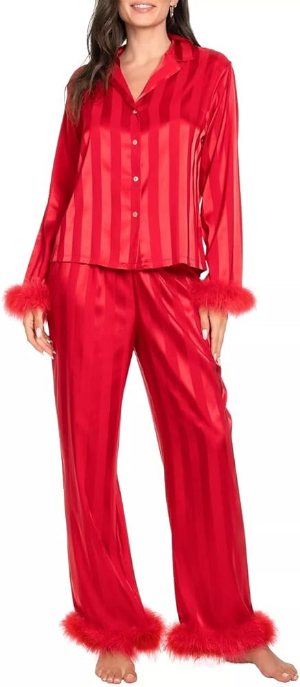 Feather Pajamas for Women Silky Satin 2 Piece Pj Set Long Sleeve Button Up Shirt Lounge Pants Fur... | Amazon (US)