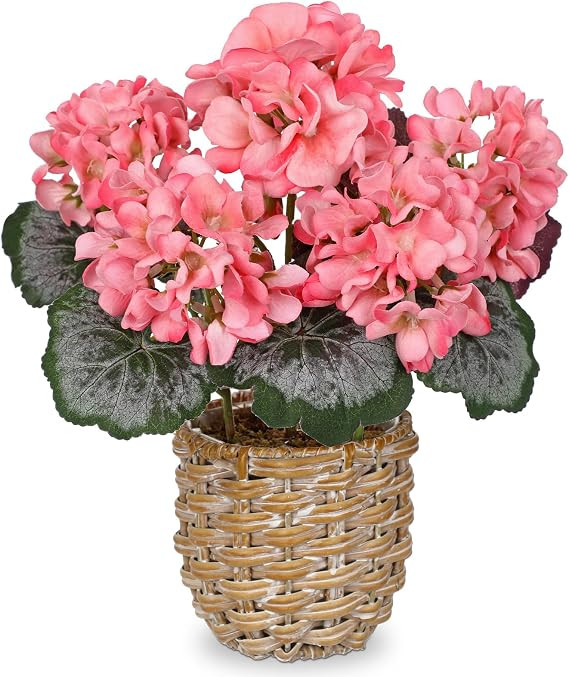 Briful Artificial Pink Geranium Flowers in Woven Basket, 11’’ Tall Silk Flower Arrangement, R... | Amazon (US)
