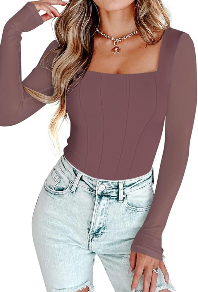 PINKMSTYLE Womens Square Neck Mesh Long Sleeve Bodysuit Shapewear Corset Tops Sexy Concert Outfit... | Amazon (US)