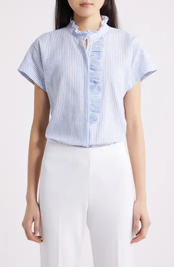Anne Klein Pinstripe Ruffle Trim Linen Blend Button-Up Top | Nordstrom | Nordstrom