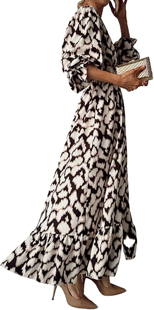 Women Dresses Casual Long Sleeve Printed V Neck Maxi Dress Flowy High Slit Ruffle Dress Elegant P... | Amazon (US)