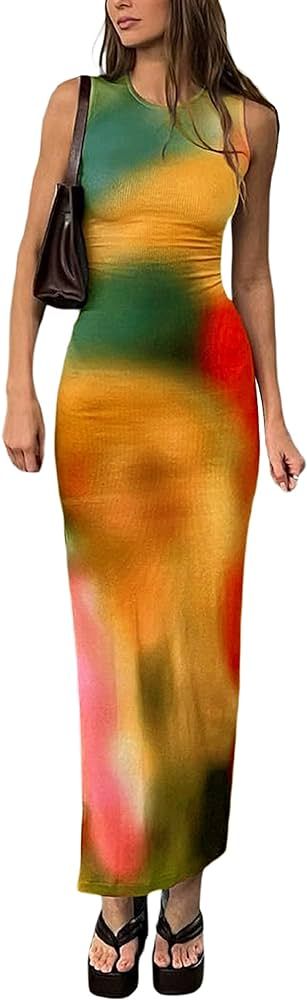 Argeousgor Women Y2k Tie Dye Tank Dress Sleeveless Bodycon Long Dresses Printed Slim Fit Short Dr... | Amazon (US)