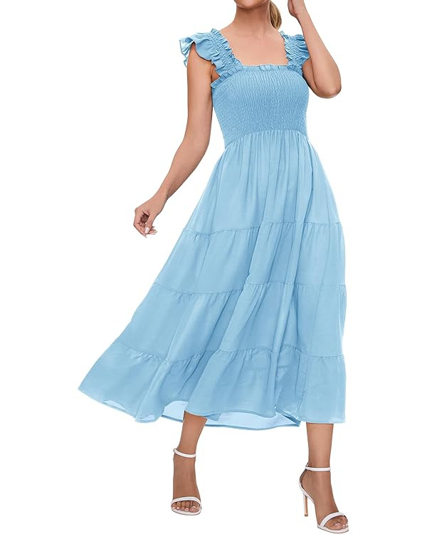 ROYLAMP Women's Summer Ruffled Strap Dress Square Neck Smocked High Waist Tiered A Line Flowy Mid... | Amazon (US)