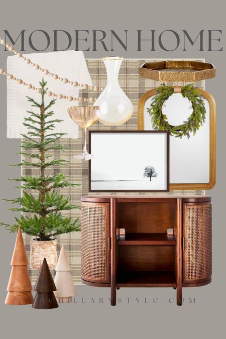 Modern Holiday Home: brown and neutral furniture and holiday decor finds for the modern home. Bar cabinet, wood cabinet, plaid rug, neutral area rug, faux tree, gold mirror, winter framed art, cozy throw blanket, wood tree set, wreat,’brass tray, carafe, gold coupe glasses,’wood beaded garland. Target Home, Pottery Barn, Anthropologie, West Elm, Minted, Ruggable, Crate & Barrel.

#LTKparties #LTKHoliday #LTKhome