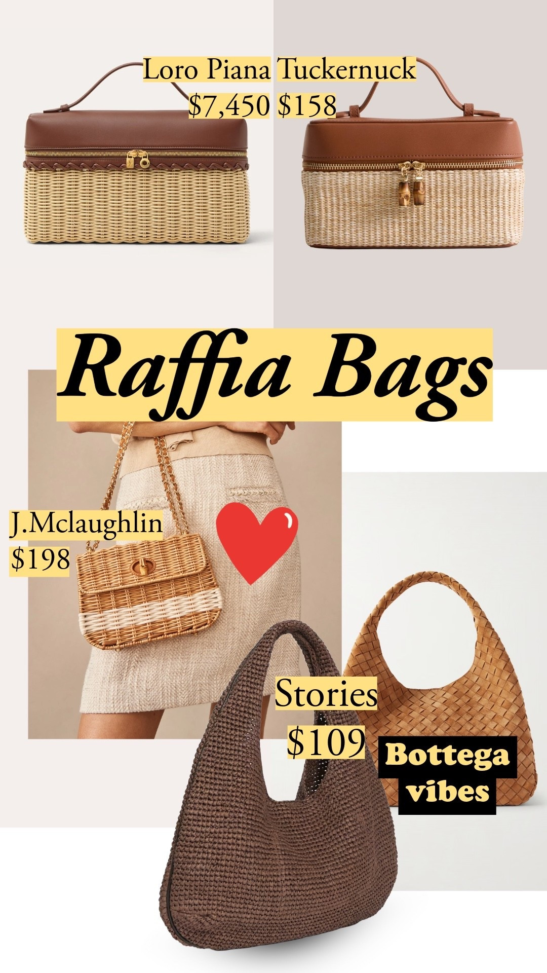 Raffia bags that actually deliver - Tuckernuck's vanity case gives you the Loro Piana shape at $158 vs $7,450. The J.McLaughlin wicker bag has that old money picnic vibe with a gold chain. And the & Other Stories hobo at $109 has serious Bottega energy with a clean woven texture.

#LTKootd