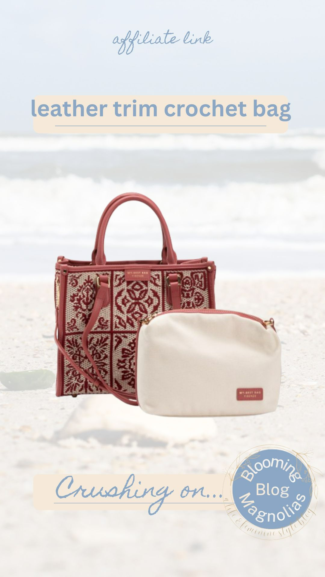 leather trim crochet tote perfect for spring. also comes in black and only $70! 

 