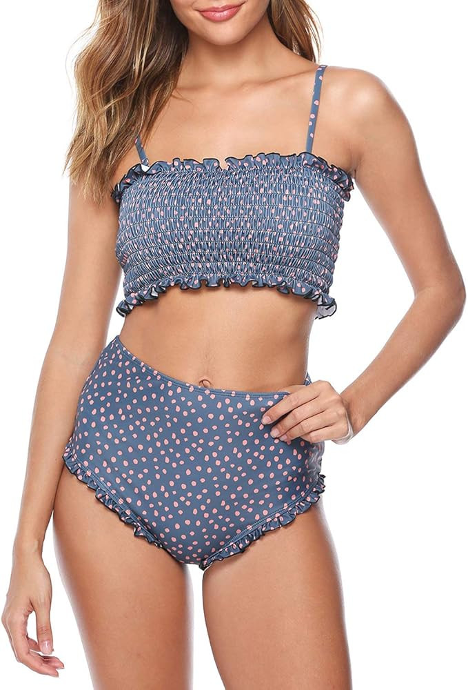 Berryou Women Two Piece Swimsuit Smocked Cute Bathing Suit Floral Printed Pleated Bikini Set | Amazon (US)