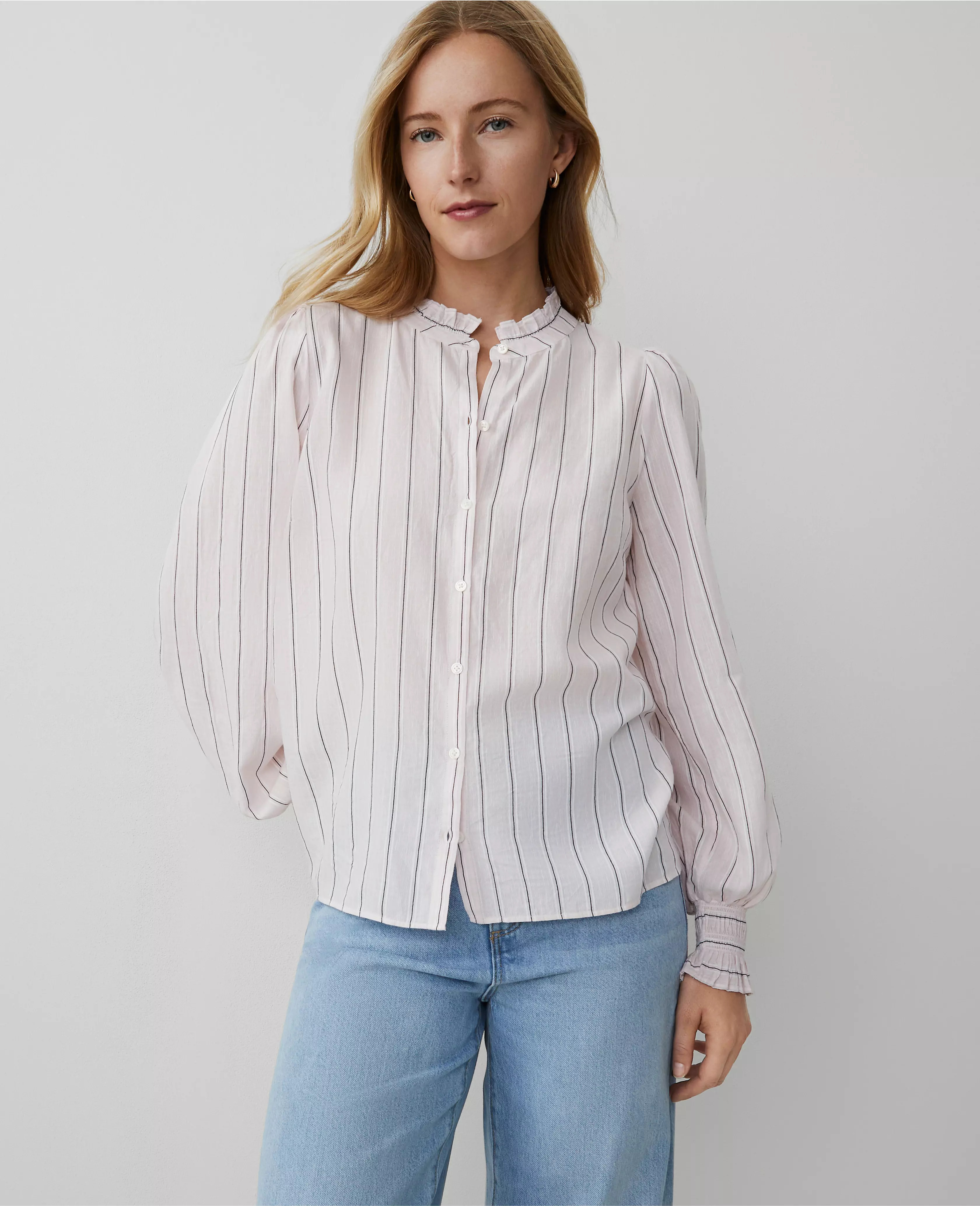 Striped Cutout Smocked Cuff Blouse | Ann Taylor