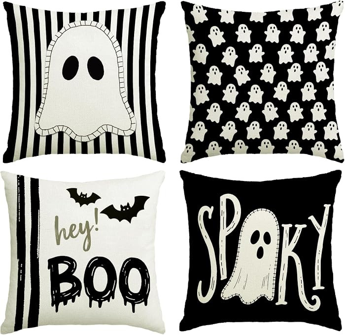 Halloween Decor Pillow Covers 18x18 Inch,Set of 4 Halloween Decorations Outdoor Indoor Throw Pillow Covers, Hey Boo Cute Spooky Ghost Black Striped Linen Cushion Case for Home Sofa Couch Bed Chair | Amazon (US)