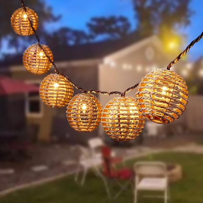 Decorative Outdoor Patio String Lights, Seagrass Rattan Wire Ball Style Lantern String Lights, Co... | Amazon (US)