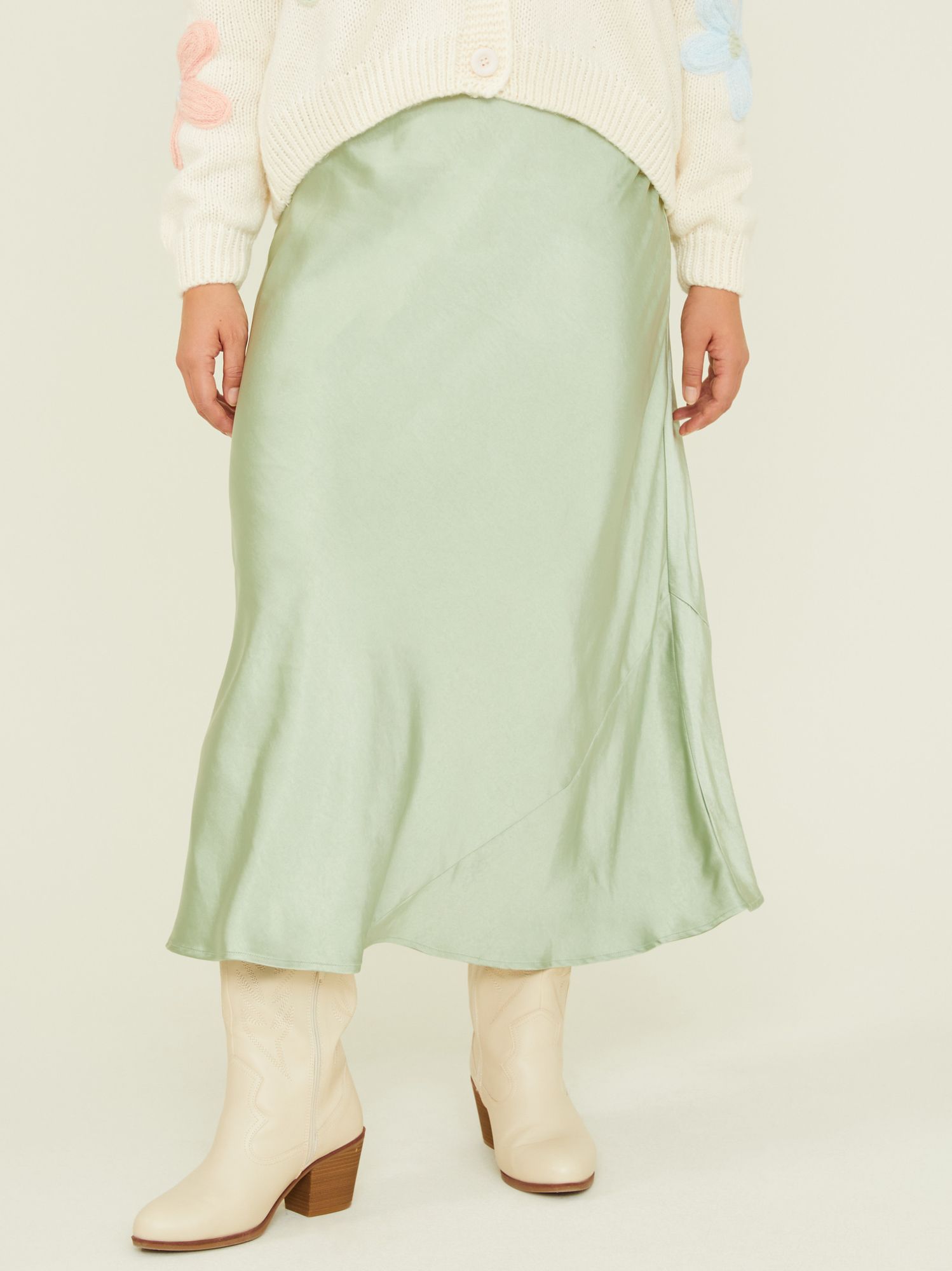Isabella Satin Midi Skirt in Sage | Arula | Arula