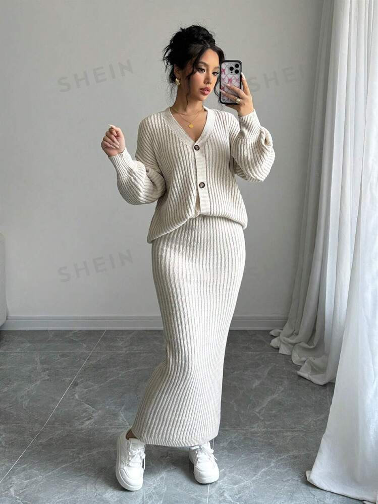 SHEIN Elenzya 2pcs Women's Solid Color Casual Long Sleeve Sweater And Skirt Set | SHEIN | SHEIN