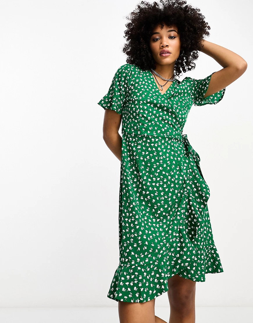 Only frill wrap mini dress in green ditsy floral | ASOS (Global)