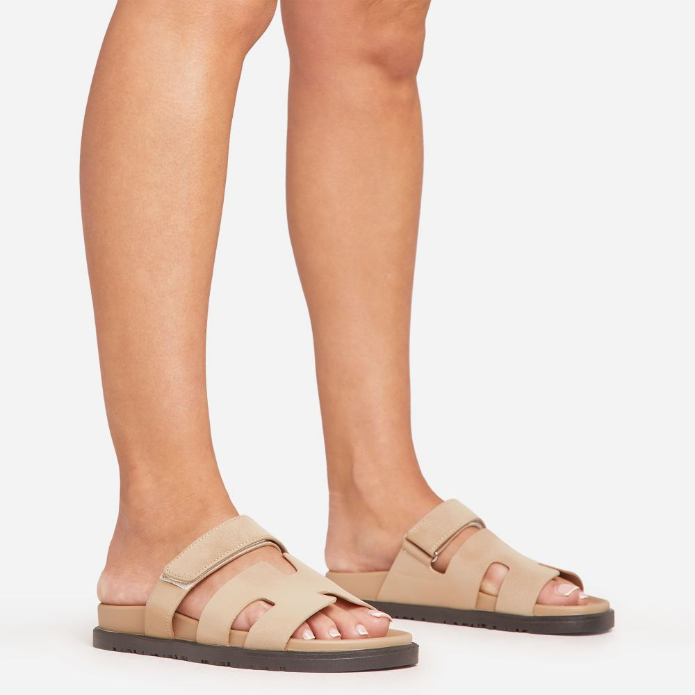 Valerie Gladiator Velcro Strap Flat Slider Sandal In Nude Faux Suede | EGO (UK)