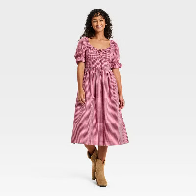 Women's Puff Elbow Sleeve Midi A-Line Dress - Universal Thread™ Red Check M | Target